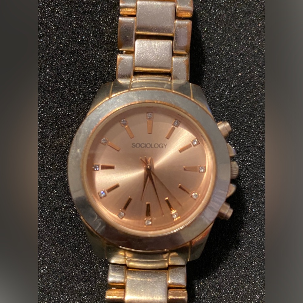 Sociology Womens Rhinestone Accented Sunray Dial Rose Gold Watch